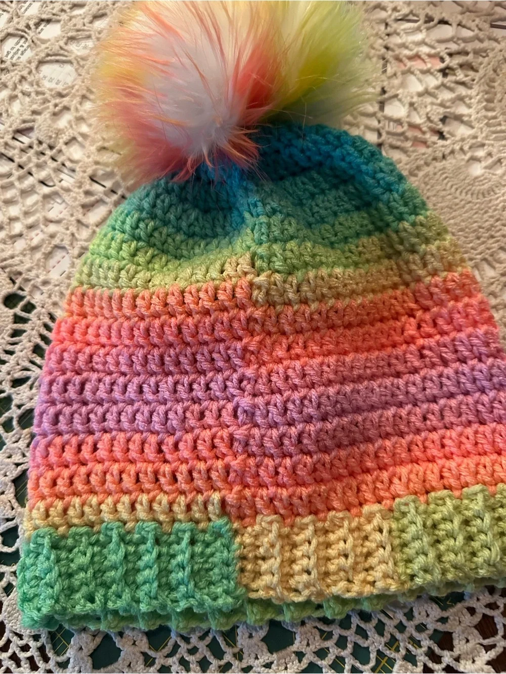 Handmade Rainbow Crochet Unicorn Beanie with Pom